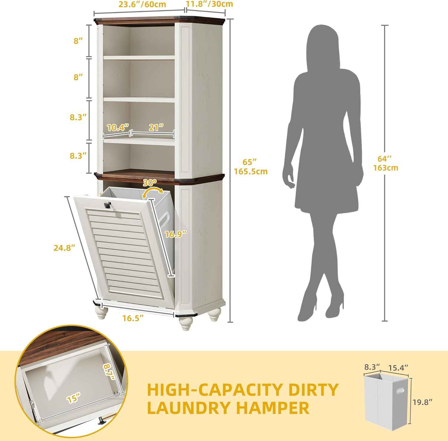 DWVO Tilt Out Laundry Hamper, Farmhouse 4-Tier Storage Cabinet with Removable Laundry Basket, Laundry Hamper Organizer with 2 Adjustable Shelves for Laundry Room, Bathroom, White - NestledHome