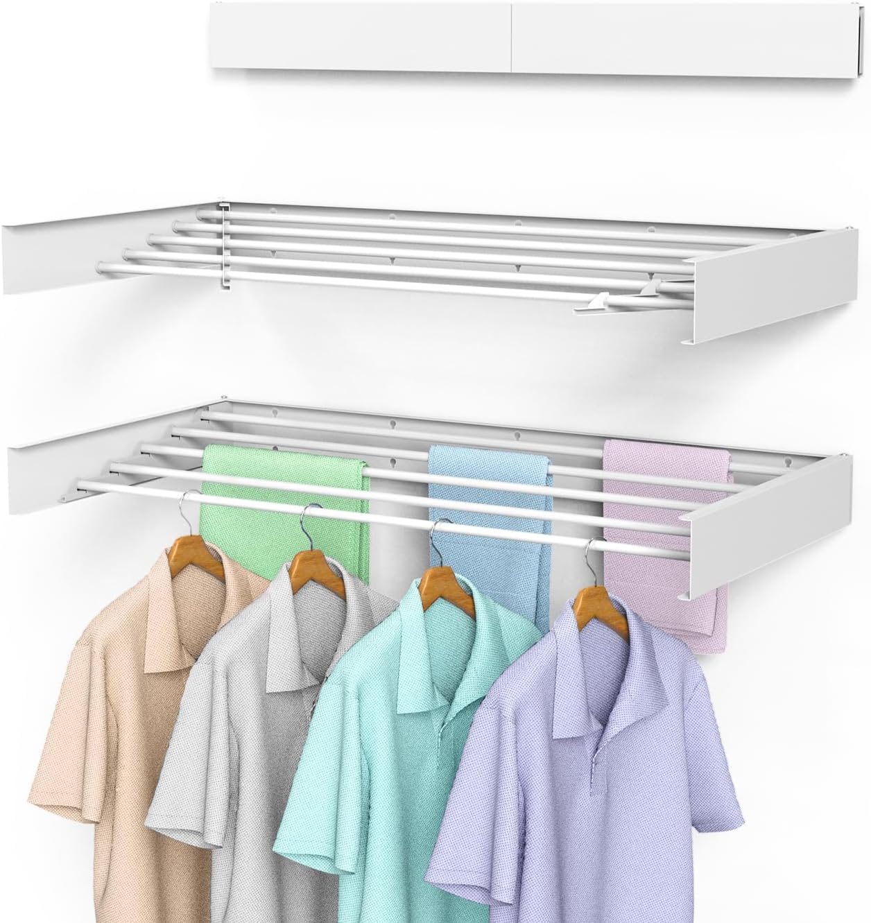 Laundry Drying Rack Collapsible, Wall Mounted Clothes Drying Rack, Space Saving Drying Rack for Laundry, 40" Wide, 16.5 Linear Ft, 5 Aluminum Rods, 60 lb Capacity (White 40") - NestledHome