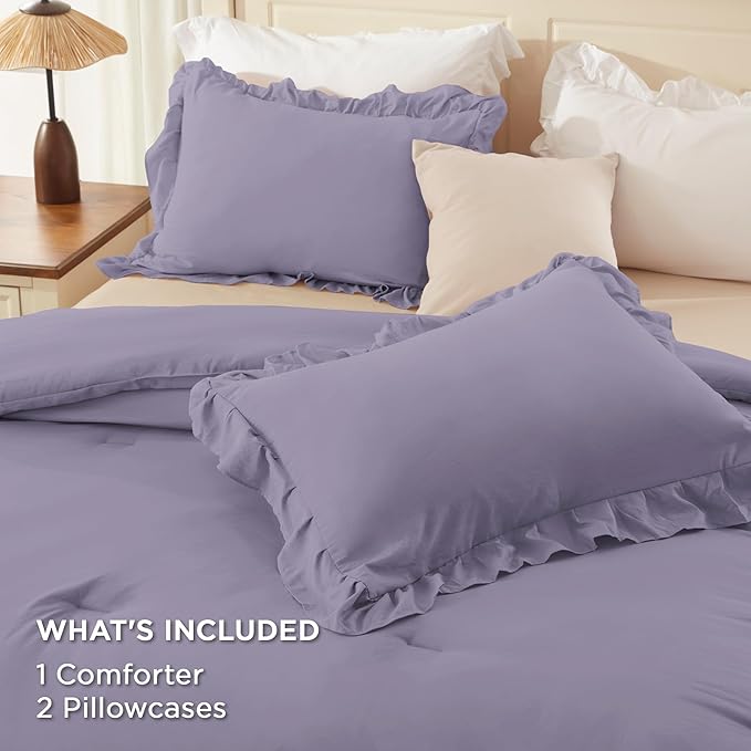 Andency Grayish Purple California King Comforter Set, 3 Pieces Lightweight Fluffy Farmhouse Shabby Chic Bedding Comforter Sets, Soft Microfiber All Season Cal King Bed Sets(104x96Inch)