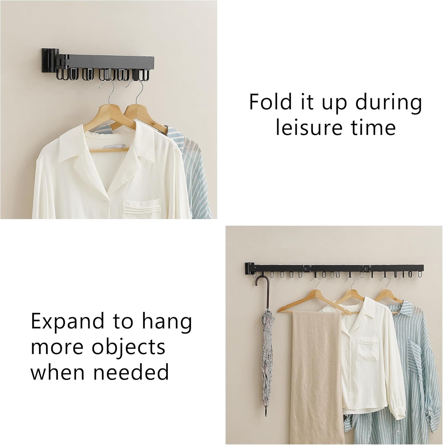 Clothes Drying Rack Wall Mounted, Laundry Drying Rack Collapsible, Space Saving Wall Drying Rack Clothing Foldable, Tri-Fold Retractable Rack Outdoor Indoor with 18 Hooks(Black，Loop-Shape Hooks) - NestledHome