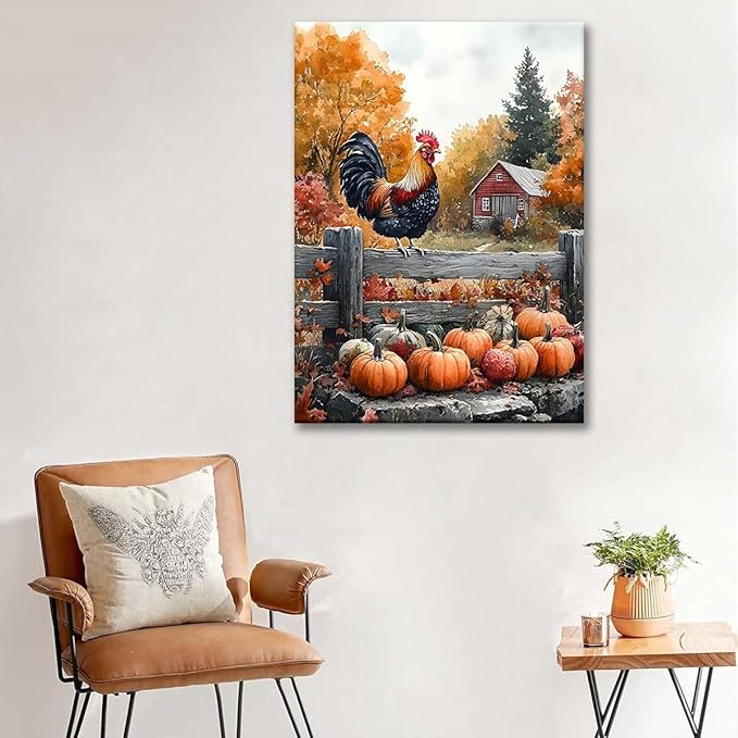 Paint by Numbers Kit for Adults Framed, Autumn Rooster with Pumpkins Farmhouse Scene, DIY Oil Painting, Pre-Printed Canvas Wall Art Home Decor Gift, 16x20inch Framed, 24 Colors