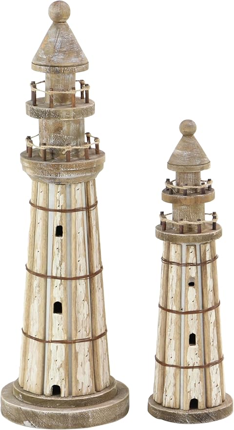 Deco 79 Wood Light House Decorative Sculpture Home Decor Statues, Set of 2 Accent Figurines 20", 14"H, Brown