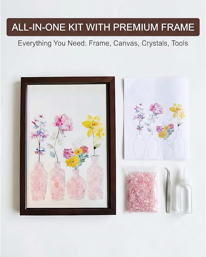 Boohyjtong DIY Rose Quartz Crystal Art Kit - Natural Pink Gemstone Mosaic Wall Decor, Framed Floral Vase Craft for Adults, Healing Love Stone Gift for Her, Wedding & Home Decor (Includes A4 Frame)