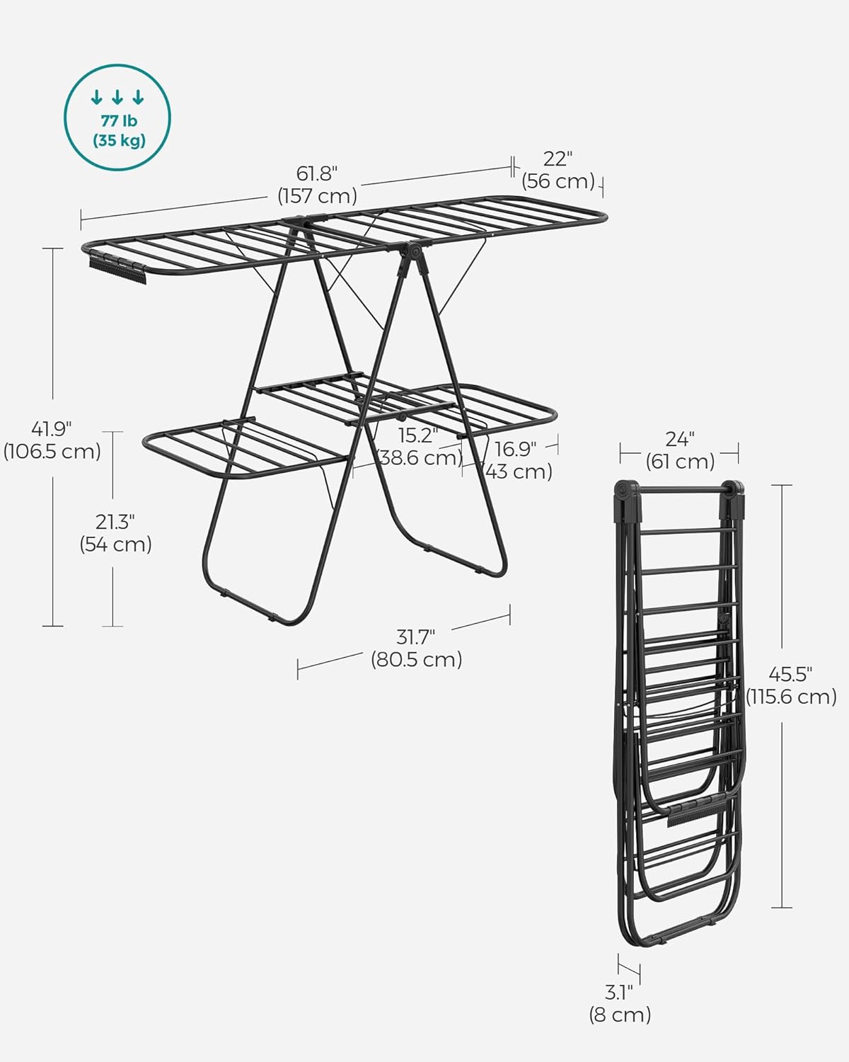 SONGMICS Clothes Drying Rack, Foldable 2-Level Laundry Drying Rack, Free-Standing Laundry Airer, with Height-Adjustable Wings, 33 Drying Rails, Sock Clips, Black ULLR053B01V1 - NestledHome
