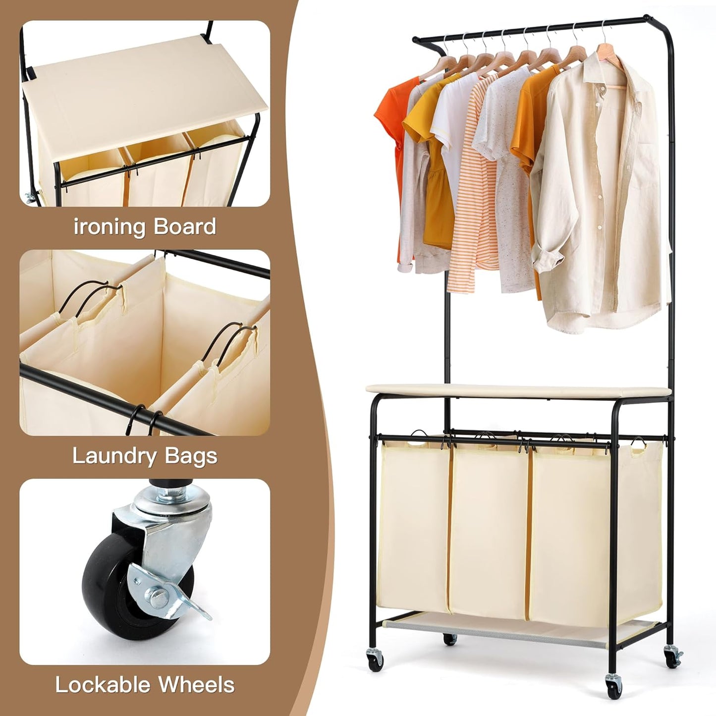 MYOYAY 3 Section Laundry Sorter with Garment Hanging Bar Rack Foldable Ironing Board, Laundry Basket Organizer Heavy Duty Laundry Hamper Rolling Cart with Lockable Wheels and 3 Removable Bags - NestledHome