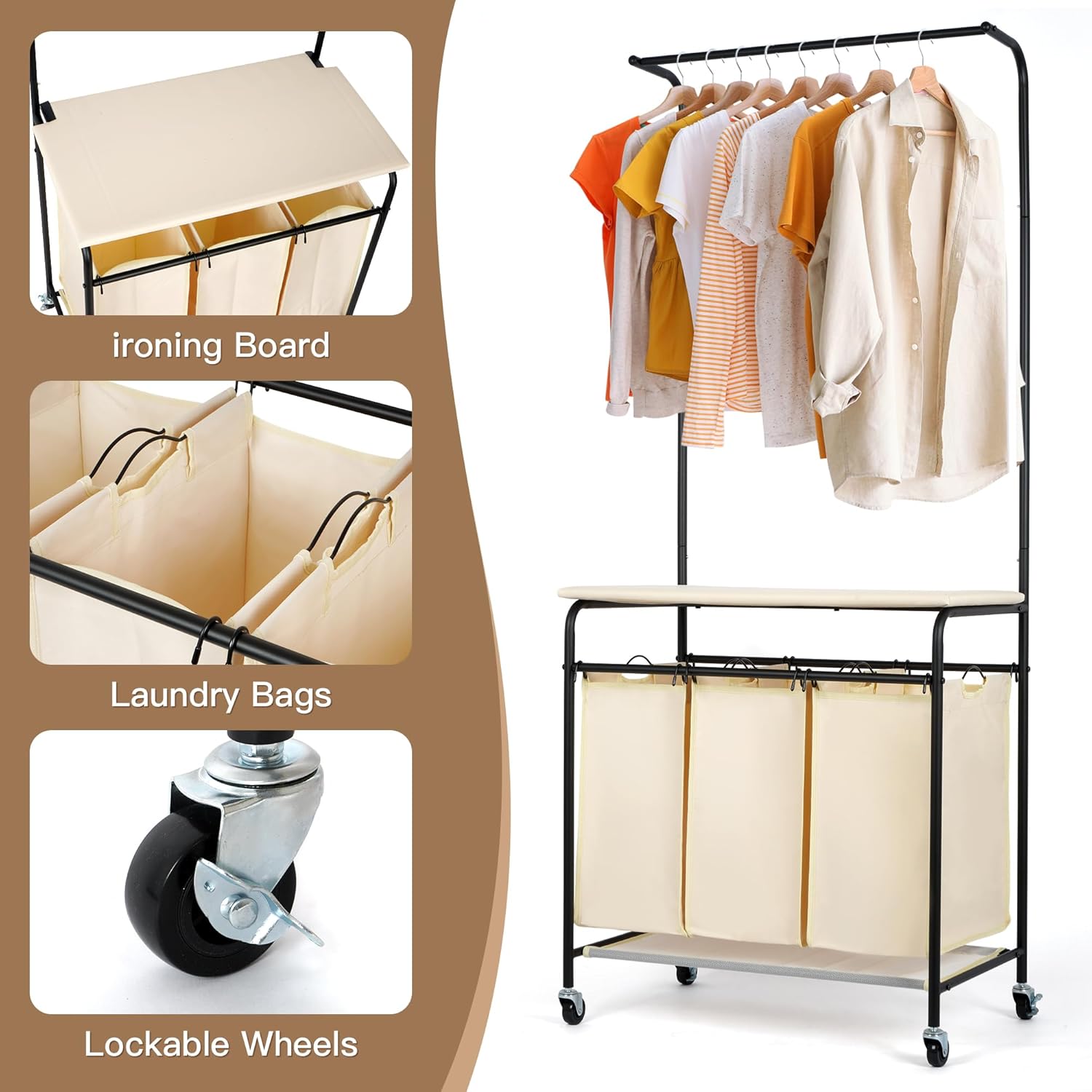 MYOYAY 3 Section Laundry Sorter with Garment Hanging Bar Rack Foldable Ironing Board, Laundry Basket Organizer Heavy Duty Laundry Hamper Rolling Cart with Lockable Wheels and 3 Removable Bags - NestledHome