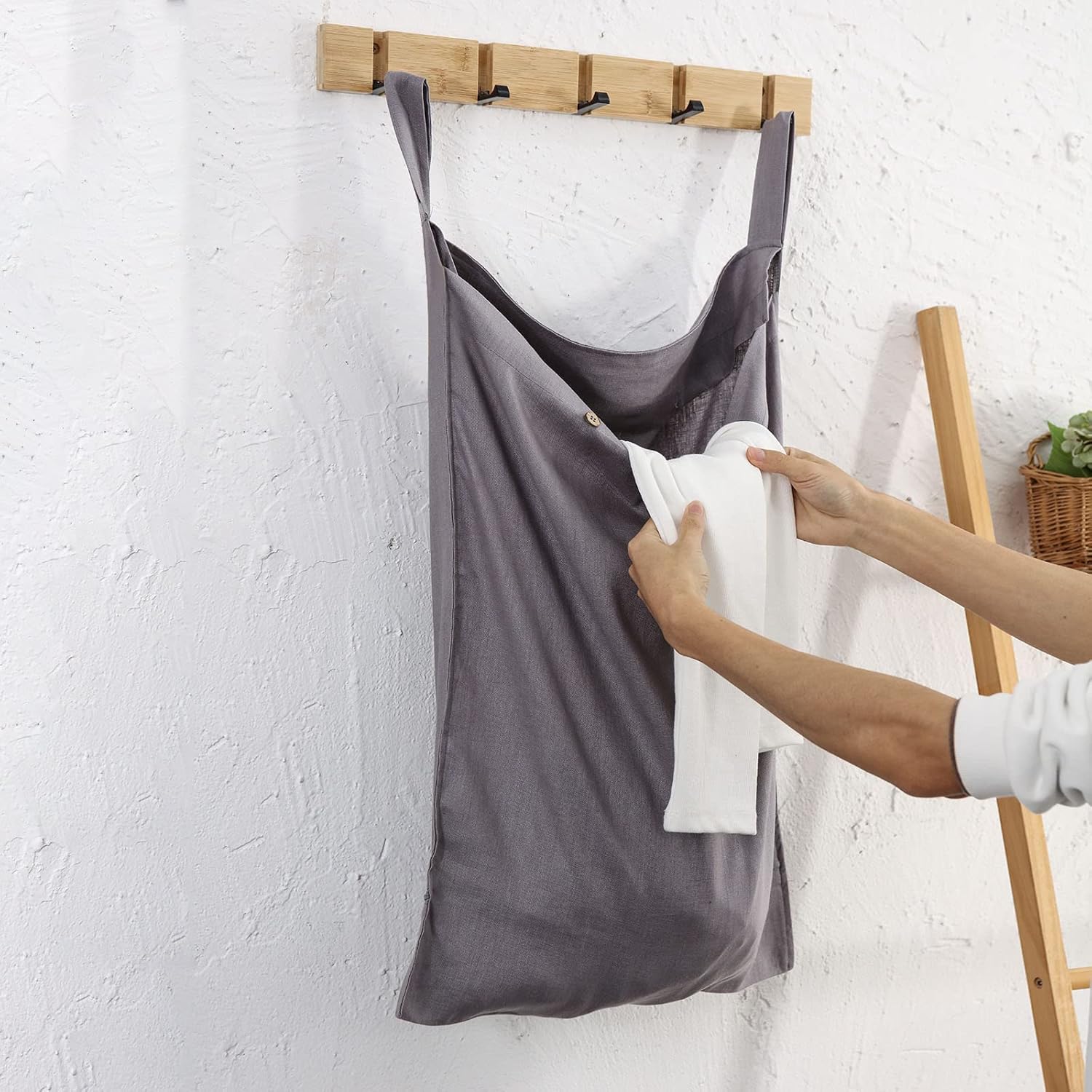 Linen Hanging Laundry Bag, 100% Linen Over The Door Laundry Hamper with Buttons and Zipper, Space Saving Door Hampers for Laundry Dirty Clothes Home Travel, Grey - NestledHome