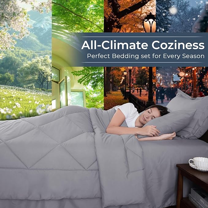 HEVUMYI Light Grey King Comforter Set - 7-Piece All Season Bed in a Bag King, Ultra Soft Bedding Set with Comforter, Flat Sheet, Fitted Sheet, Pillowcases, Pillow Shams, Light Gray