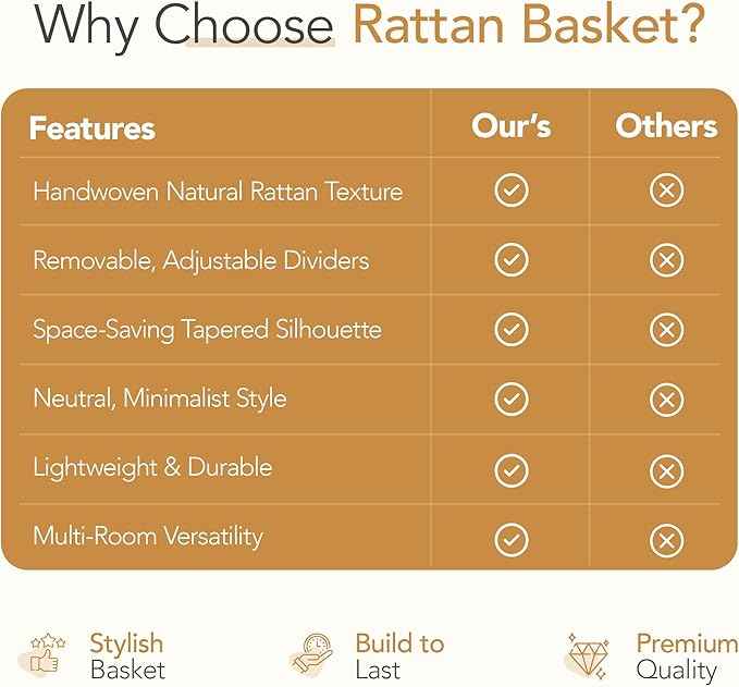 Nature-Inspired Rattan Pantry Organizer Baskets Set of 2 with 3 Removable Dividers – Handwoven Storage Bins for Kitchen or Bathroom Organization, Ideal for Snacks, Coffee & Tea (13” x 7.3” x 3.7”)