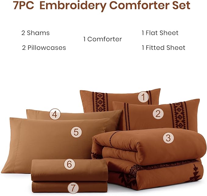 MaiRêve Embroidery Comforter Set, Boho Farmhouse Western Bedding Set, All Season Bed in A Bag Comforter Set with Sheets, Pillowcases & Shams, Burnt Orange King 7 Pieces