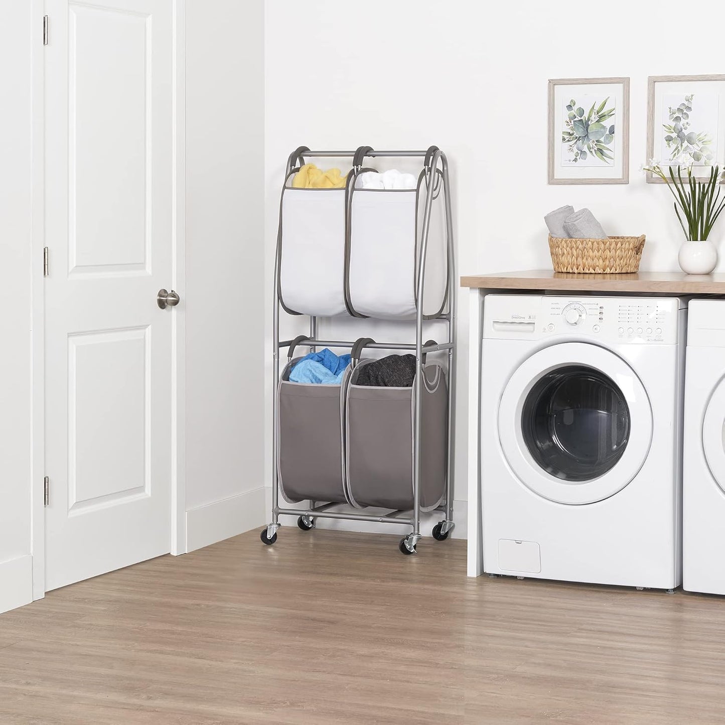 Neatfreak - 2 Tier Vertical Rolling Laundry Cart - Rolling Storage Cart On Wheels With 4 x Tote Hampers For Laundry, Towels, Blankets & Bathroom Organization - Quad Laundry Sorter - NestledHome
