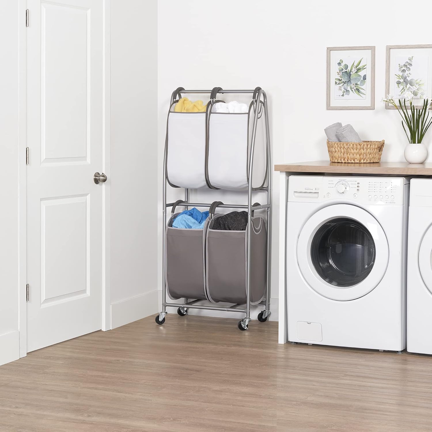 Neatfreak - 2 Tier Vertical Rolling Laundry Cart - Rolling Storage Cart On Wheels With 4 x Tote Hampers For Laundry, Towels, Blankets & Bathroom Organization - Quad Laundry Sorter - NestledHome