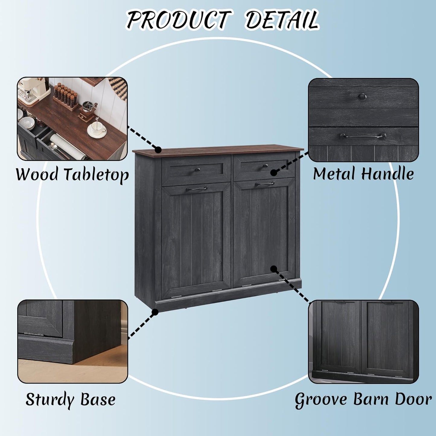 Double Tilt Out Laundry Hamper Cabinet, 20 Gallon Farmhouse Trash Can Cabinet with Drawer, Hidden Wood Garbage Can Bin Cabinet with Laundry Storage Basket for Bathroom, Kitchen, Dark Grey - NestledHome