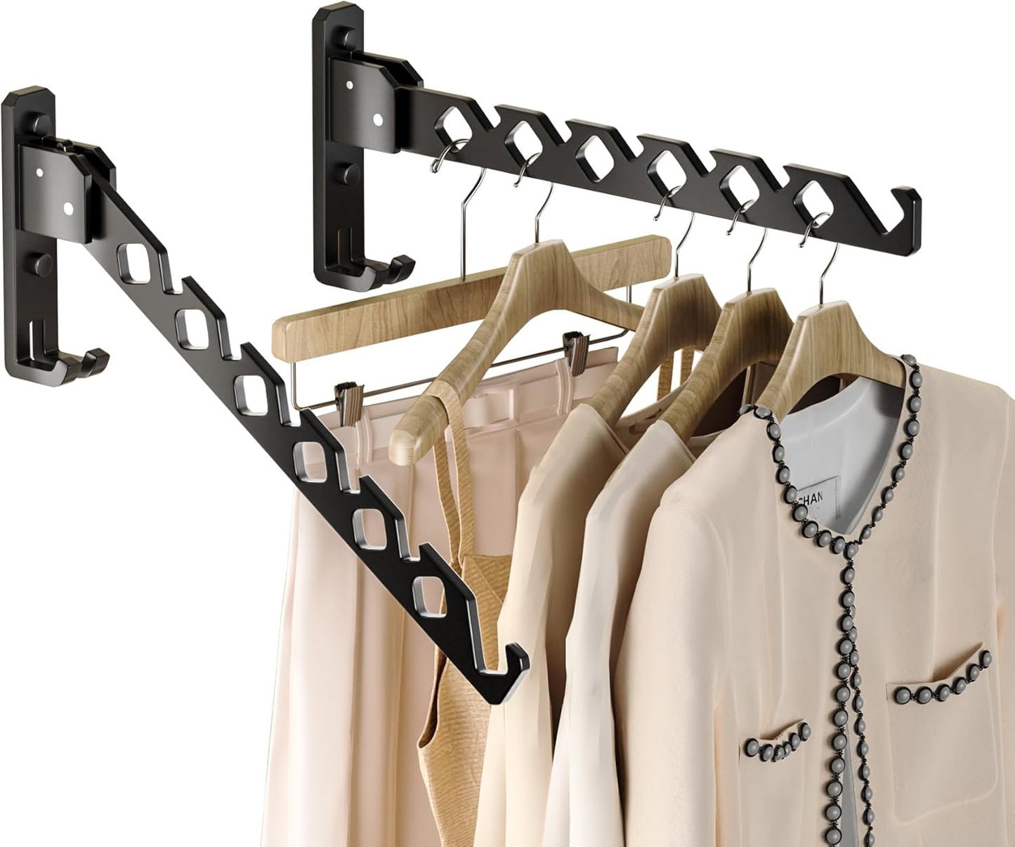 Dr.DJ Wall Mount Coat Hanger Holder Black Clothes Drying Organizer Rack Garment Hooks Aluminium Retractable Folding Indoor Wall Mounted Hanger Space Saver for Laundry Room Bedroom Black 2Pack - NestledHome