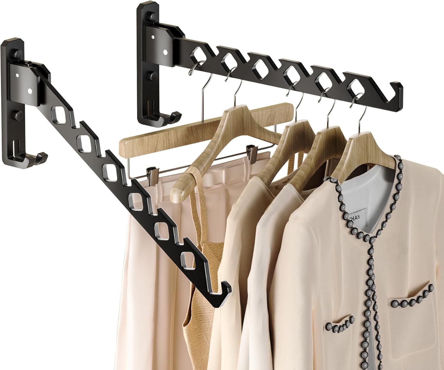 Dr.DJ Wall Mount Coat Hanger Holder Black Clothes Drying Organizer Rack Garment Hooks Aluminium Retractable Folding Indoor Wall Mounted Hanger Space Saver for Laundry Room Bedroom Black 2Pack - NestledHome