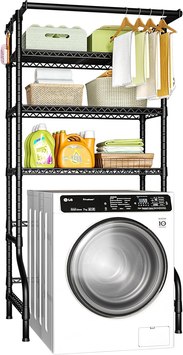 Ulif U11 Over Washer and Dryer Shelves, 3 Tiers Laundry Room Storage and Organizer Standing Shelf, Metal Freestanding Clothes Drying Rack, 33.9" W x 19.7" D x 77.6" H, Black - NestledHome