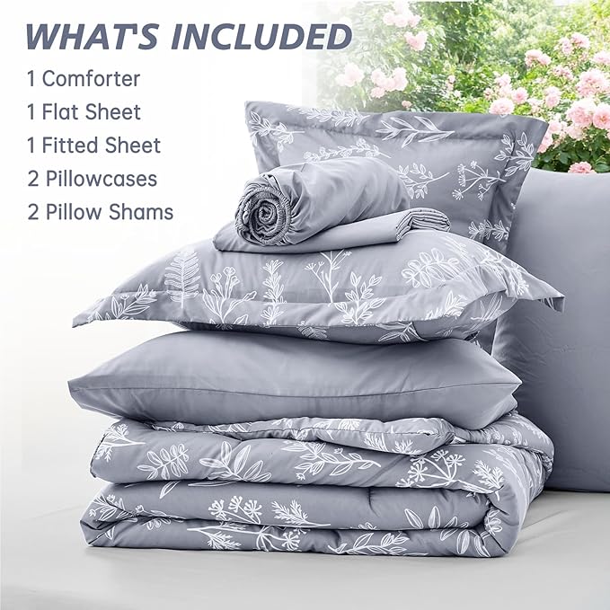 MUXHOMO Light Grey Bed in a Bag Queen 7 Pieces, Queen Comforter Set Reversible Botanical Flowers Design, Ultra Soft & Breathable Bedding Sets with Comforter, Sheets, Pillowcases & Shams
