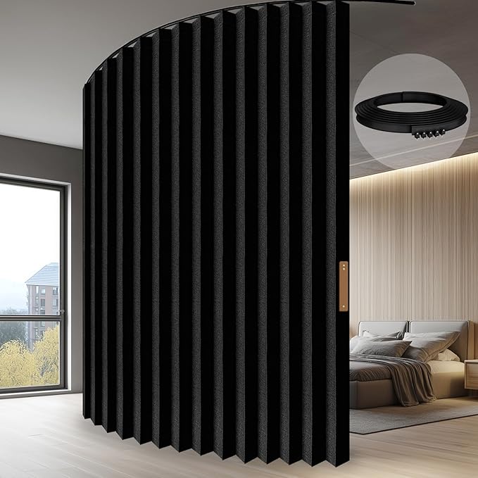 Accordion-Style Room Divider with Ceiling Track - Foldable Partition Curtain, Easy Installation(Black 180" W x 84" L-Pack of 1)