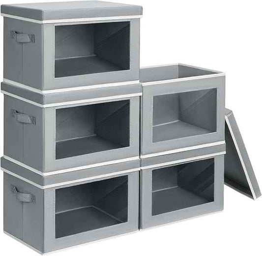Stackable Storage Bins with Lids - Large Decorative Basket with Lids, Fabric Foldable Closet Organizer Bins, Shelf Organizer for Living Room, Dorm, 5 Pack, Grey