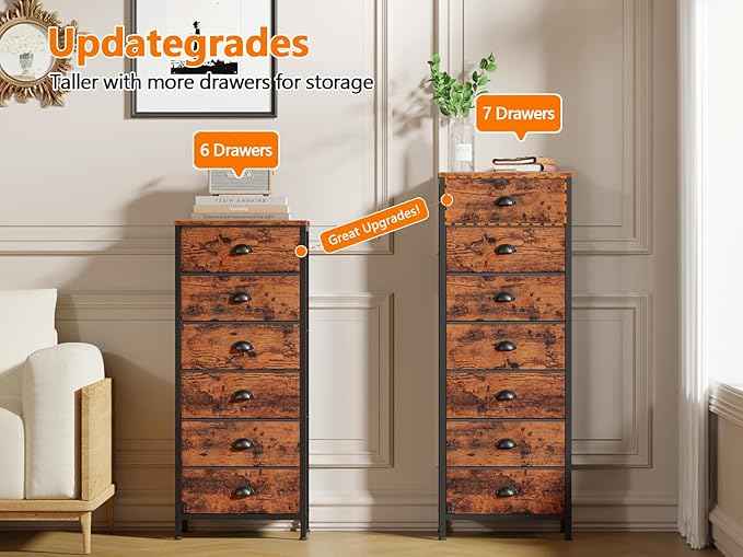 Furnulem Bedroom Dresser with 7 Drawers,Tall Industrial Fabric Chest of Drawers, Vertical Storage Tower Bedside Furniture in Living Room,Closet,Entryway-Sturdy Steel Frame(Rustic Brown)