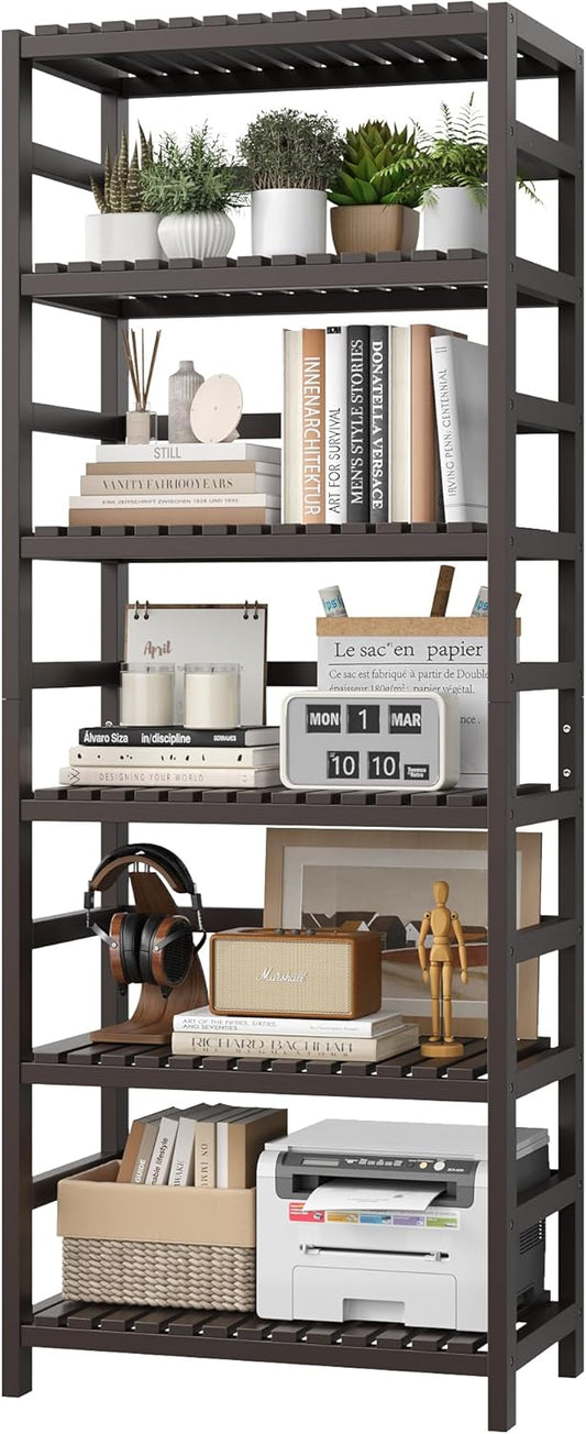 FOTOSOK 6-Tier Bamboo Shelf, Bamboo Bookcase with Adjustable Shelves, Free Standing Storage Shelf Unit, Plant Flower Stand for Kitchen, Bathroom, Home Office, Vintage - NestledHome