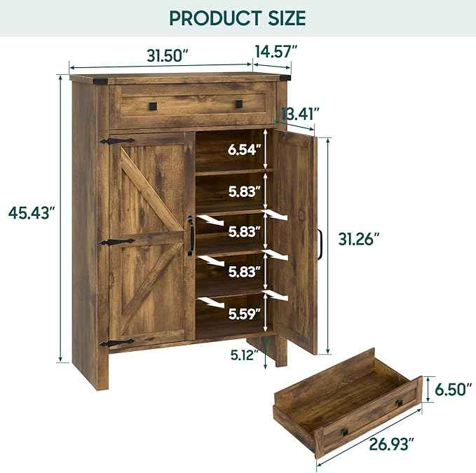 Shoe Storage Cabinet, 5-Tier Farmhouse Shoe Cabinet with Adjustable Shelves & Drawer, Wooden Shoes Rack Cabinets Storage Organizer with Doors for Entryway, Hallway, Closet, Living Room, Rustic Brown