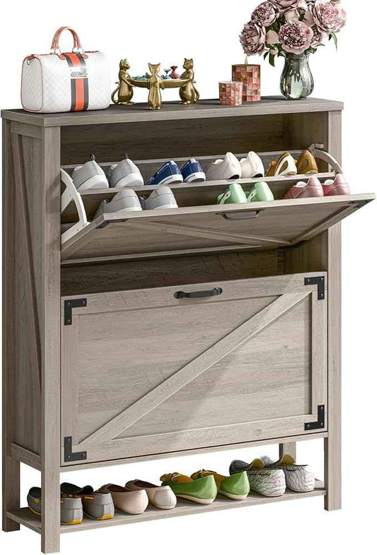 Vabches Shoe Storage Cabinet, 5-Tier Farmhouse Freestanding Organizer with 2 Flip Drawers, Wooden Shoes Rack Cabinets Storage Organizer with Doors for Entryway, Hallway, Closet, Rustic Grey