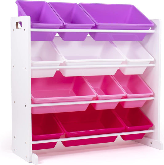 Humble Crew Kids Toy Storage Organizer with 12 Plastic Bins, White/Pink/Purple – Removable Bins for Playroom, Bedroom, Toddler Furniture for Boys and Girls Ages - NestledHome