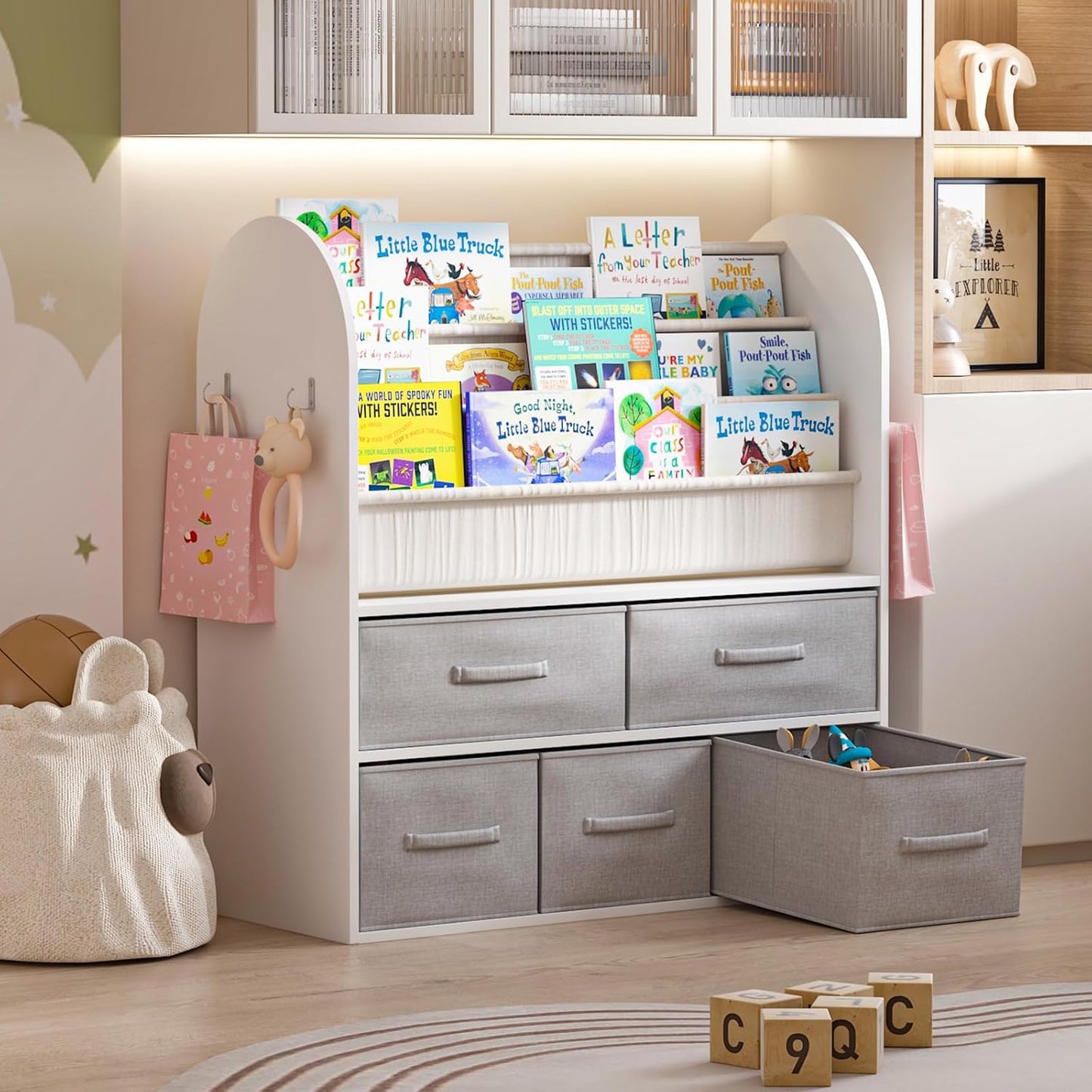 NACHES Kids Bookshelf and Toy Storage Bins, Children Bookcase Toddler Book Display Cabinet with 5 Toy Organizer Boxes for Playroom,Reading Room,Toddler Room,Nursery,Classroom - NestledHome