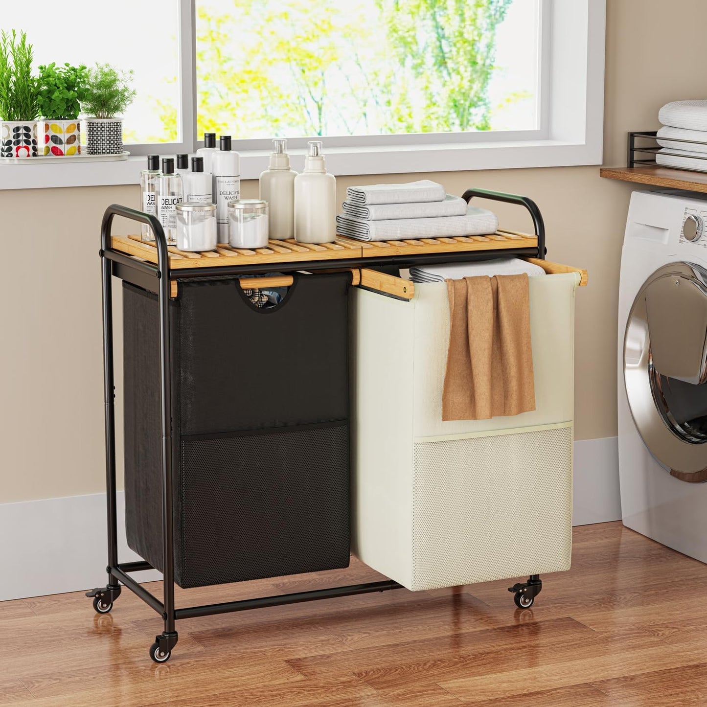 Laundry Hampers 2 Section, Laundry Sorter with Removable Shelf and Pull-Out Bags, Clothes Hampers with Wheels Rolling Cart Basket for Laundry Room Bathroom, 2 x 50 L (Black White) - NestledHome