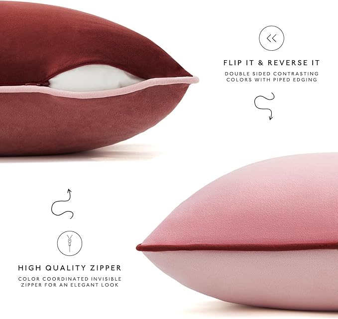 MONDAY MOOSE Decorative Throw Pillow Covers Cushion Cases, Set of 4 Soft Velvet Modern Double-Sided Designs, Mix and Match, Pillow Inserts Not Included (18x18 inch, Pink/Dark Pink)