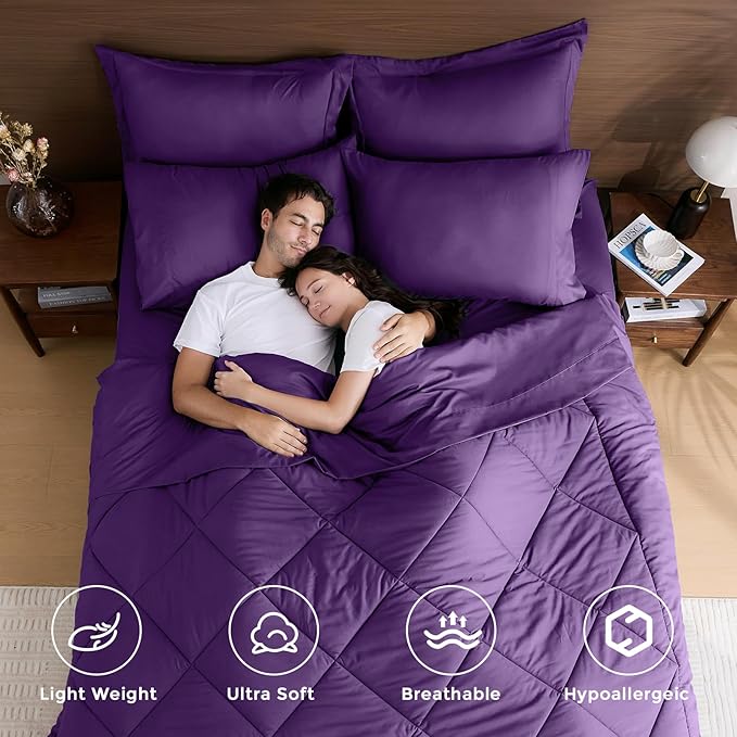 HEVUMYI Purple King Comforter Set - 7-Piece All Season Bed in a Bag King, Ultra Soft Bedding Set with Comforter, Flat Sheet, Fitted Sheet, Pillowcases, Pillow Shams