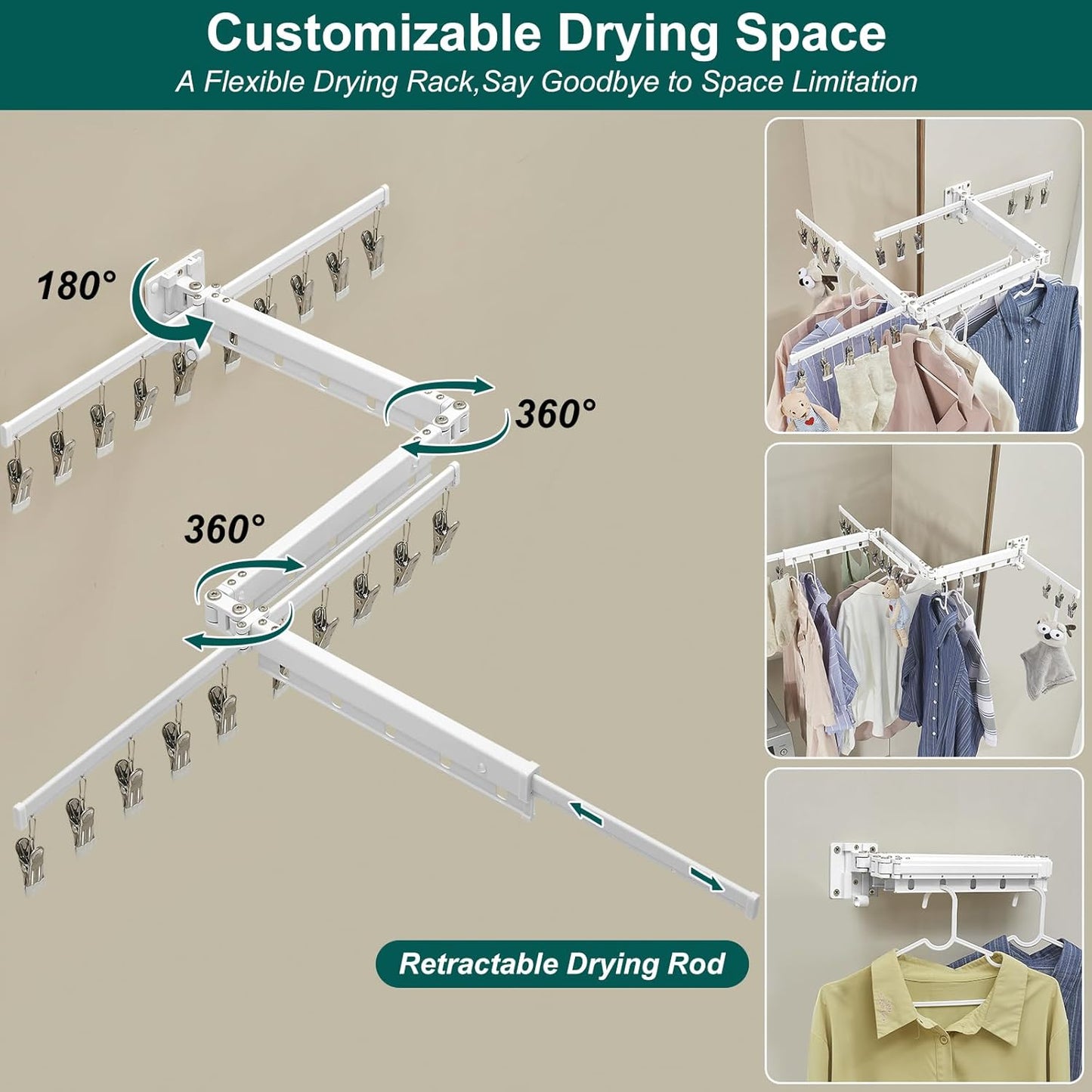 Hoimpro White 51" Clothes Drying Rack Retractable Foldable Wall Mounted, Tri-Fold Space Saving Collapsible for Hanging Clothing Coat, Ideal for Patio, Laundry Room Organization and Storage, Bathroom - NestledHome