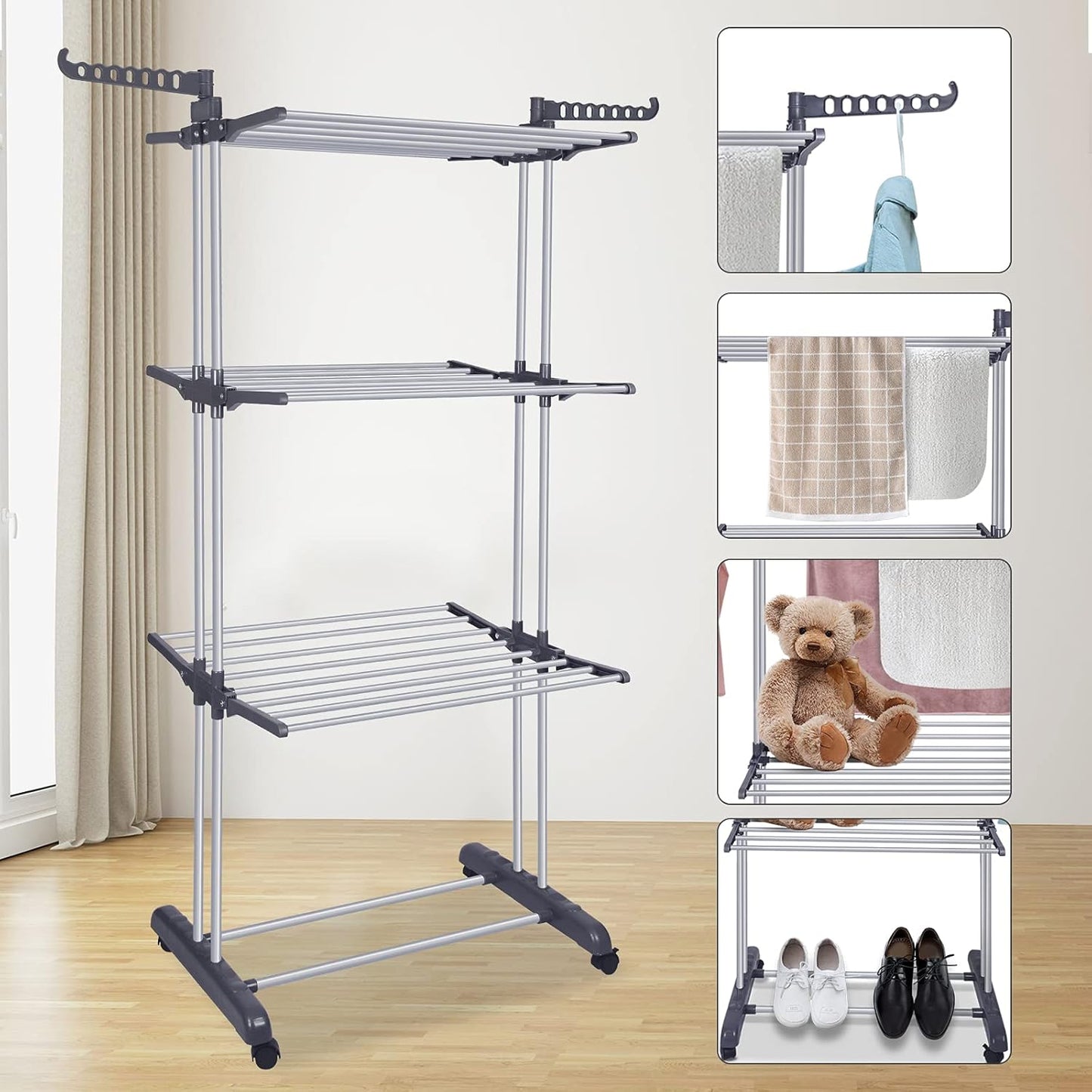 Bigzzia Clothes Drying Rack Folding Drying Rack Clothing 4 Tier Clothes Horses Rack Stainless Steel Laundry Drying Rack with Two Side Wings Grey - NestledHome