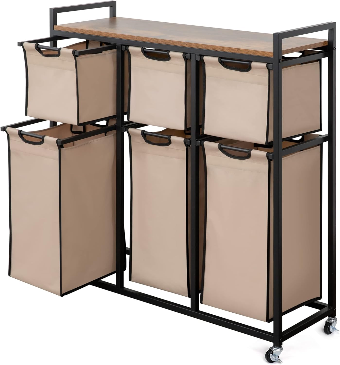 Laundry Basket Organizer, Hampers for Laundry 6 Compartments, Laundry Hamper with 6 Sliding Laundry Sorter Bags, Top Storage Shelf, and Metal Frame (6 Compartments) - NestledHome