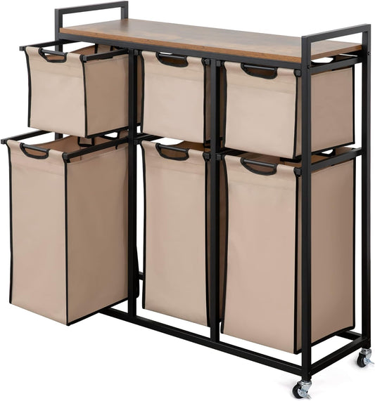 Laundry Basket Organizer, Hampers for Laundry 6 Compartments, Laundry Hamper with 6 Sliding Laundry Sorter Bags, Top Storage Shelf, and Metal Frame (6 Compartments) - NestledHome