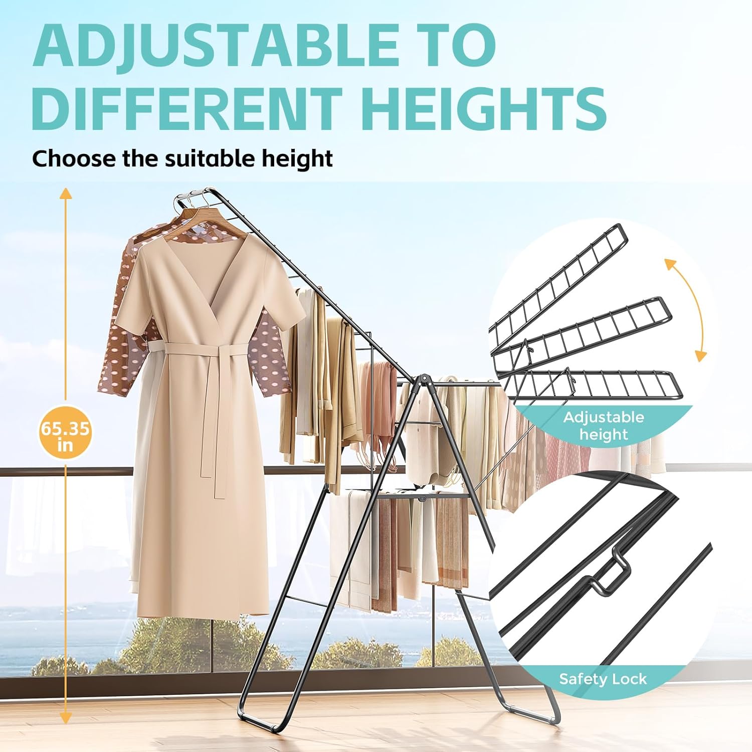 APEXCHASER Clothes Drying Rack, Oversized Drying Rack Clothing with Height-Adjustable, Foldable Gullwings Metal Laundry Rack, Indoor Outdoor Use, No Assembly, Black - NestledHome
