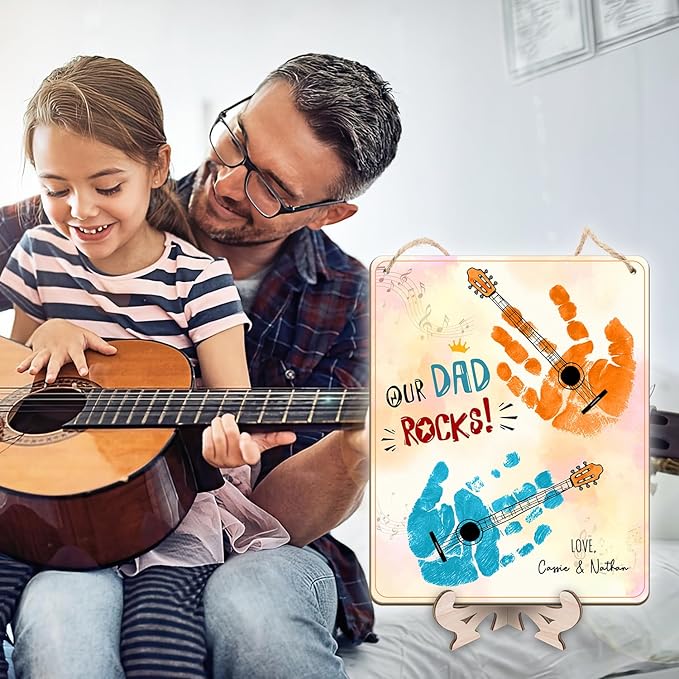DIY Our Dad Rocks Guitar Craft Plaque Baby Handprint Gifts for Dad Papa Musician Guitar Player, Baby First Fathers Day Art Craft for Guitarist Father, Best Dad Ever Gifts with Kids Handprint Keepsake