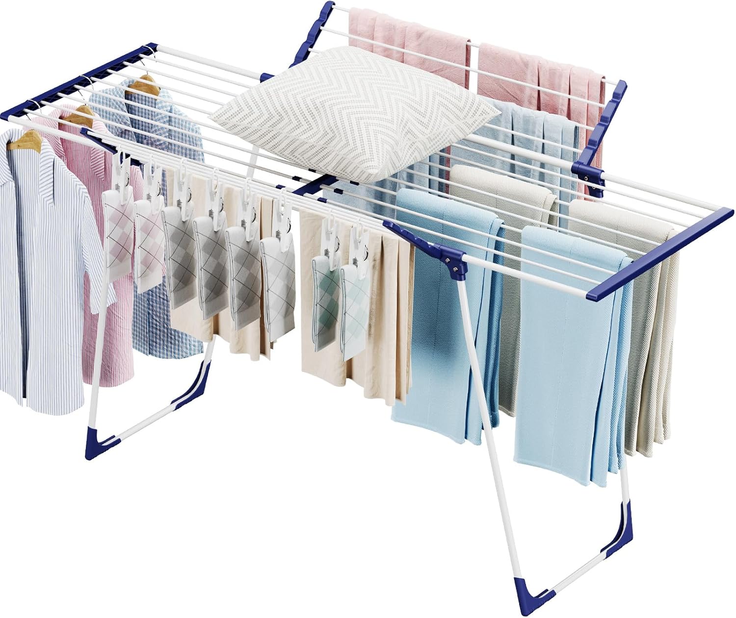 APEXCHASER Clothes Drying Rack, Foldable Gullwing Laundry Rack for Indoor Outdoor, 10pcs Clips with Bag, Collapsible Space-Saving Drying Rack for Clothes Towels Dolls, White - NestledHome