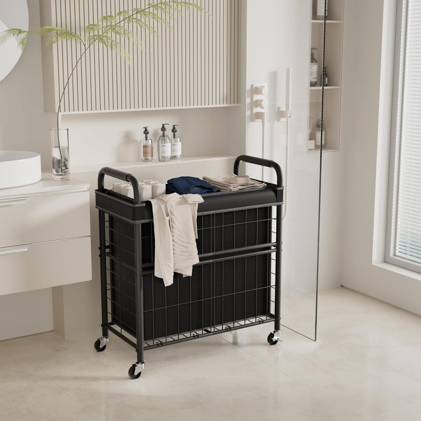Laundry Hamper 3 Section, 145L Rolling Laundry Sorter Basket with Wheels, 3 Compartment Clothes Organizer Cart, Pull-Out Removable Bags for Laundry Room, Bathroom, Bedroom, Black - NestledHome