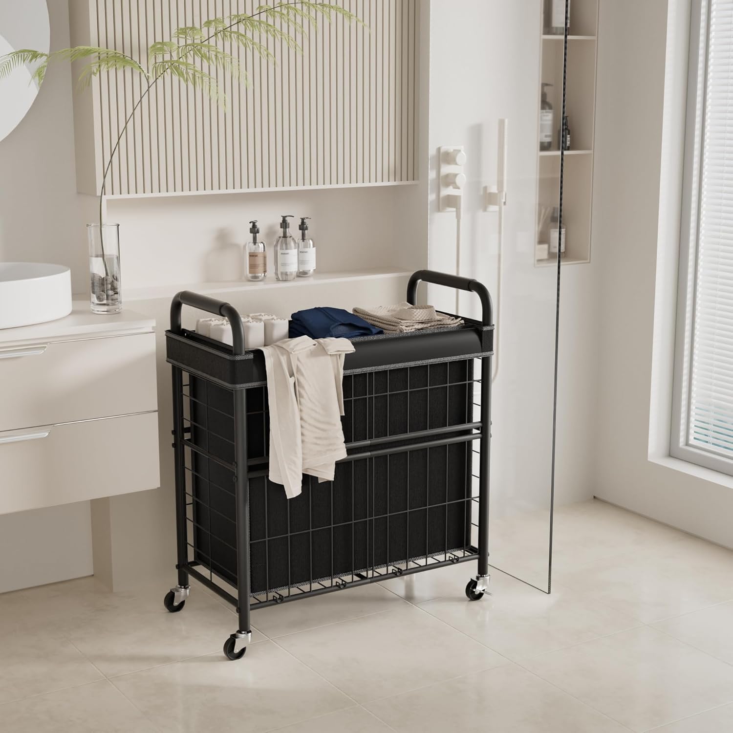 Laundry Hamper 3 Section, 145L Rolling Laundry Sorter Basket with Wheels, 3 Compartment Clothes Organizer Cart, Pull-Out Removable Bags for Laundry Room, Bathroom, Bedroom, Black - NestledHome