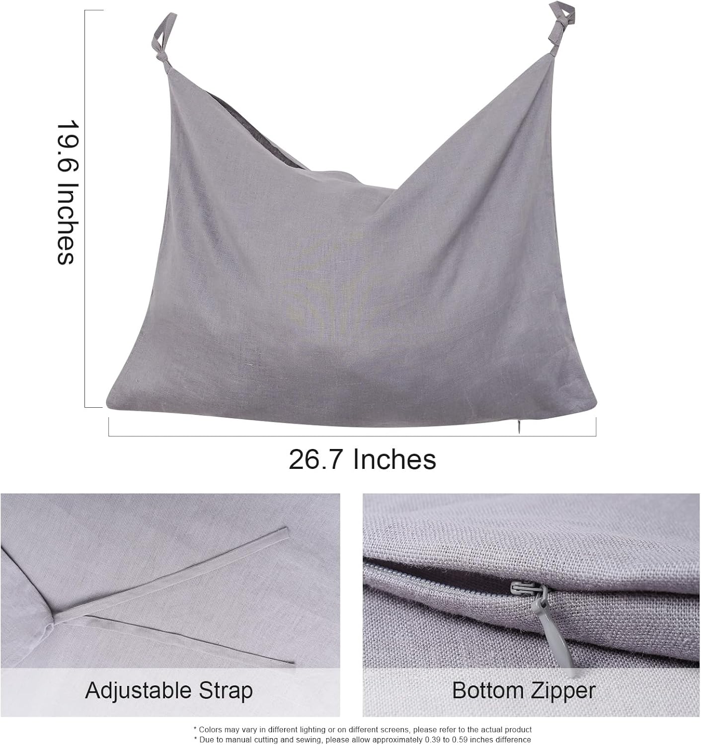 Hanging Linen Laundry Bag, 100% Pure Flax Linen Over The Door Hamper with Bottom Zipper for Laundry Room, Household Dirty Cloth Storage Organizer Bag, Gray - NestledHome