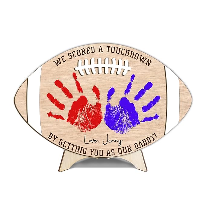 Custom Football Dad Gifts from Baby Handprint Sign, Baby First Fathers Day Wooden Keepsake for Football Daddy, DIY Hands Down Gift for Football Lovers Dad from Kids Art Craft Plaque, Birthday Dad Gift