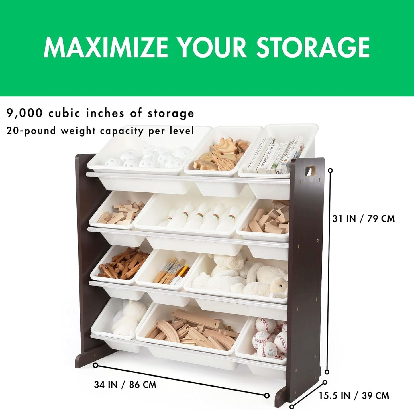 Humble Crew Kids Toy Storage Organizer with 12 Plastic Bins, Espresso/White – Removable Bins for Playroom, Bedroom, Toddler Furniture for Boys and Girls Ages - NestledHome