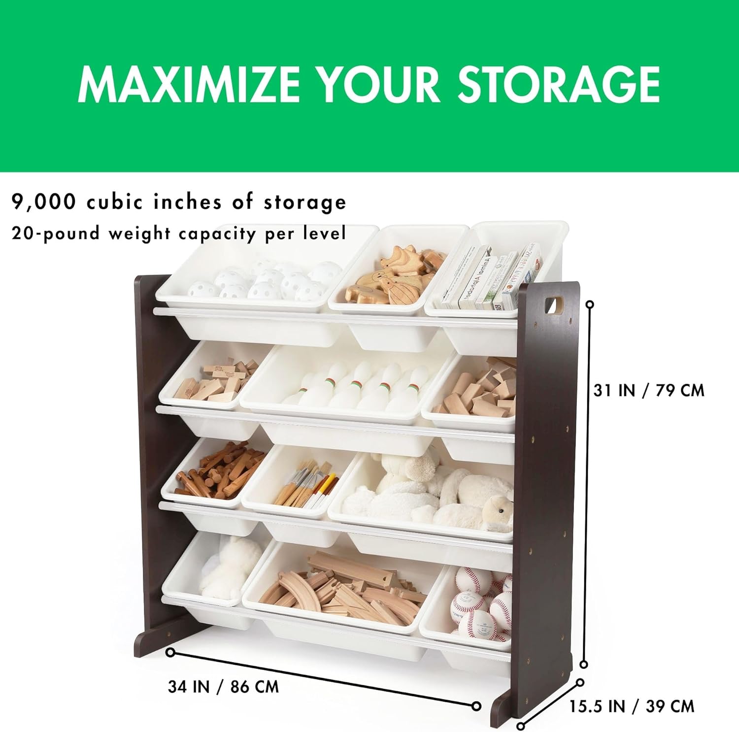 Humble Crew Kids Toy Storage Organizer with 12 Plastic Bins, Espresso/White – Removable Bins for Playroom, Bedroom, Toddler Furniture for Boys and Girls Ages - NestledHome