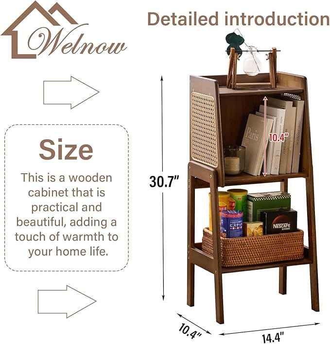 Welnow Bamboo Rattan Bookcase with Cabinet, 1-Tier Storage Shelf with Side Table & End Table Function, Large Modern Wood Organizer for Living Room or Bedroom, Walnut Bookshelf