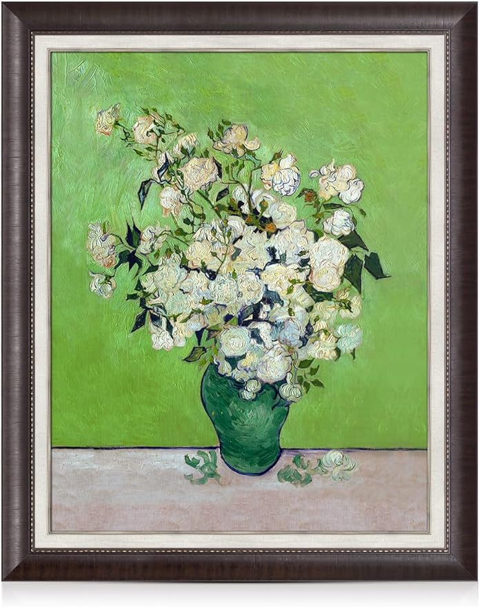 DECORARTS - Vincent Van Gogh Roses (Pink Roses in a Vase) Large Framed Wall Art, Giclee Canvas Print, Classic Framed Artwork Ready to Hang 28x34, Made in USA