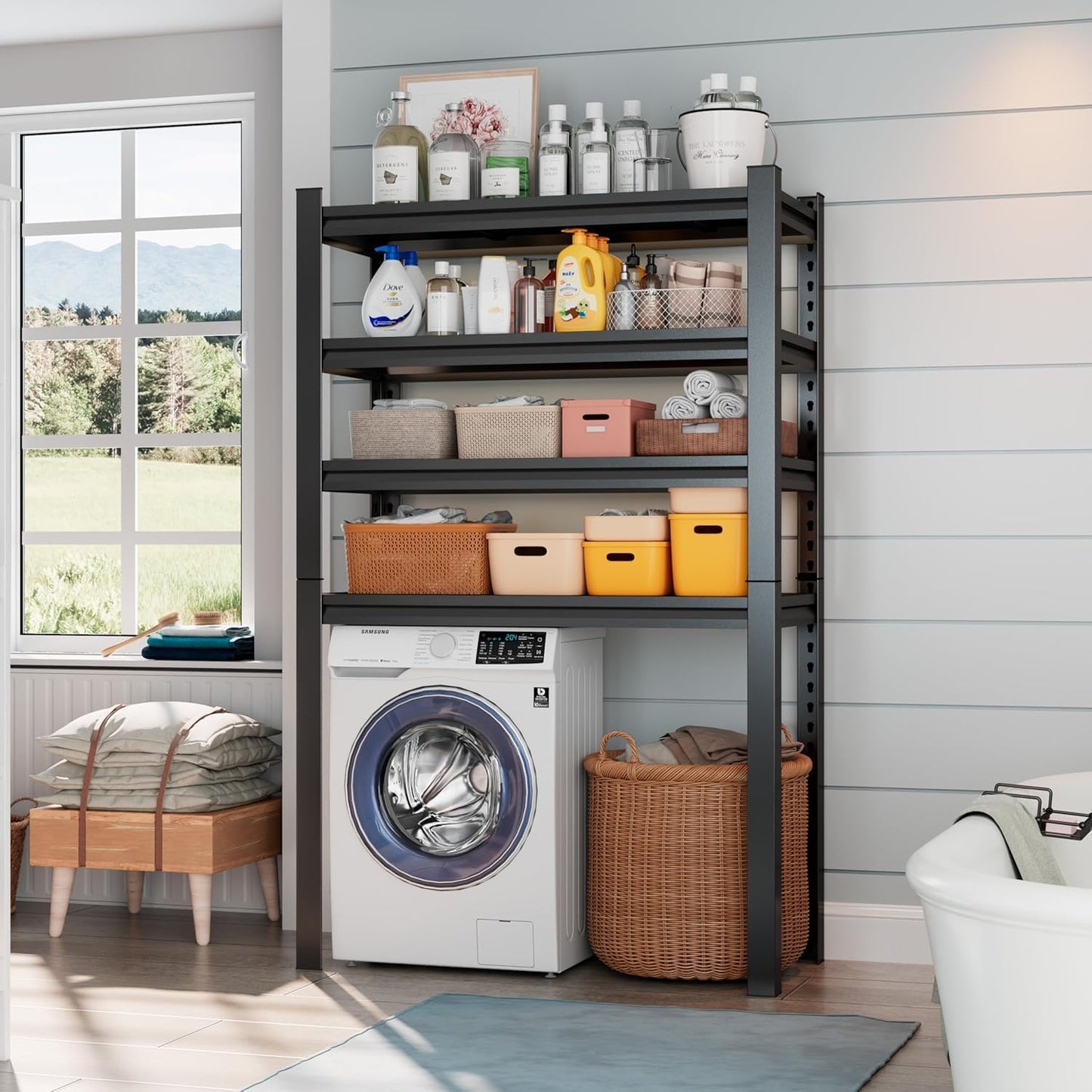 Laundry Room Storage Organizer, Over The Washer and Dryer Storage Shelves for Laundry Organization, 35" W x 14" D x 63" H, Suit Washing Machine Width Within 32.6", Hold 500 lb, Black - NestledHome