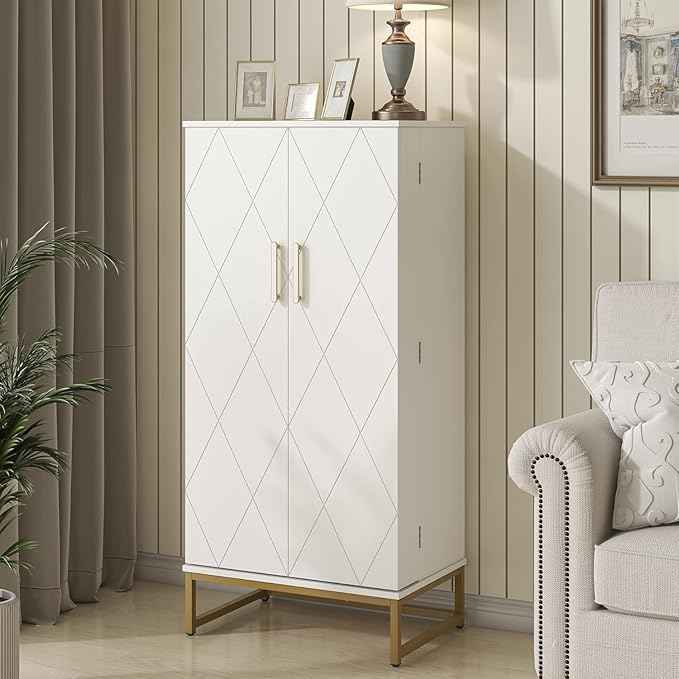 51” Kitchen Pantry Storage Cabinet, White Freestanding Pantry Cabinets with Doors and Adjustable Shelves, Buffet Cupboards Storage Cabinet for Home Office Use, Dinning Room(White + Gold)