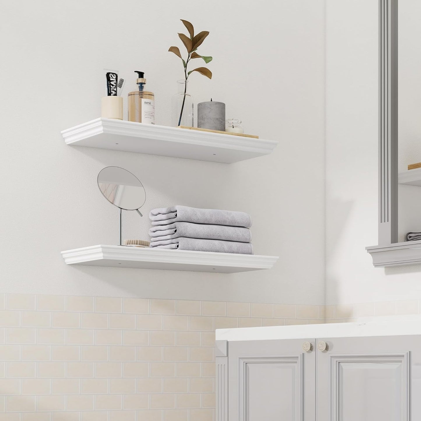 Floating Shelves for Wall, 24 Inch Long Wall Mounted White Hanging Shelf for Kitchen, Living Room, Office, Bedroom, Bathroom, Retro Vintage Wood Bookshelf for House Decor - NestledHome